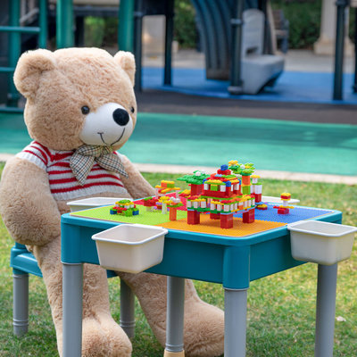 Decopatent Decopatent® - Kindertafel met 1 Stoeltje - Speeltafel met bouwplaat en vlakke kant - 4 Bakjes - Geschikt voor Lego® Bouwstenen