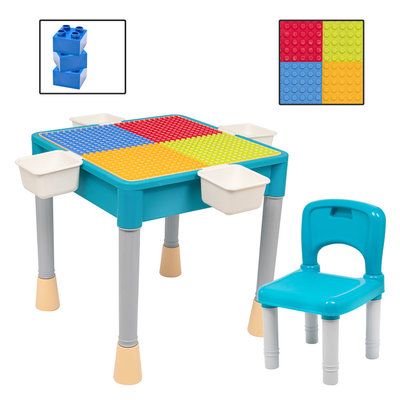Decopatent Decopatent® - Kindertafel met 1 Stoeltje - Speeltafel met bouwplaat en vlakke kant - 4 Bakjes - Geschikt voor Duplo® Bouwstenen