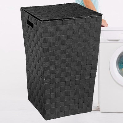 Decopatent Decopatent® Wasmanden met deksel -  60 Liter - Geweven wasmand - Wasbox met optil deksel - Polypropyleen - Afm 33x33x53 Cm - Zwart