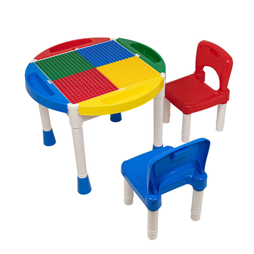 Decopatent® - Speeltafel met bouwplaat (geschikt voor Duplo® blokken) en vlakke kant. Kindertafel met 7 Opbergbakken - Bouwtafel - Decopatent