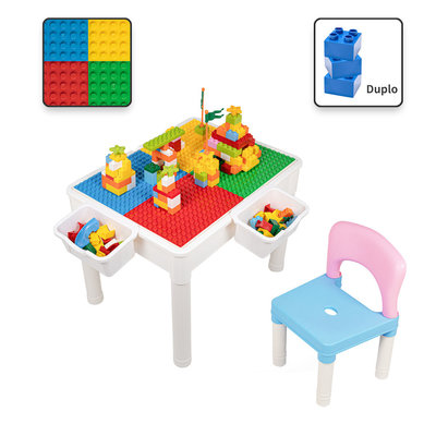 Decopatent Decopatent® - Kindertafel met 1 Stoeltje - Speeltafel met bouwplaat en vlakke kant - 2 Bakjes - Geschikt voor Duplo® Bouwstenen