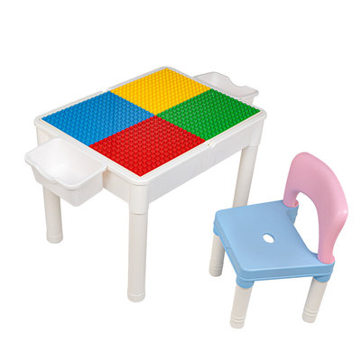 Decopatent Decopatent® - Kindertafel met 1 Stoeltje - Speeltafel met bouwplaat en vlakke kant - 2 Bakjes - Geschikt voor Duplo® Bouwstenen