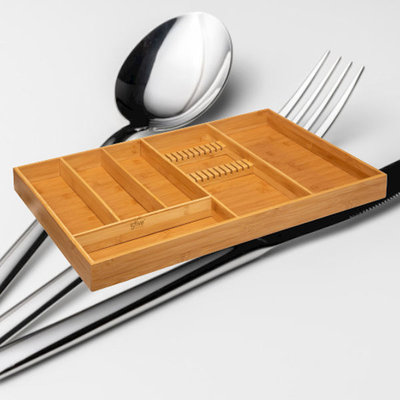 Decopatent Decopatent® XXL Bamboe Bestekbak 6 Vaks + Messenblok voor 11 Messen - Besteklade Bestek Organizer - Bestekcassette - 58x38x5 Cm