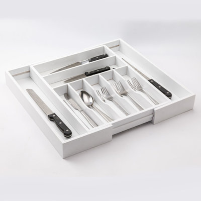 Decopatent Decopatent® Uitschuifbaar bestekbak - Besteklade - 7 Vaks -> Uitschuifbaar naar 9 Vakken - Bestekbakken organizer - Bamboe - Wit