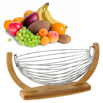 Decopatent Decopatent® Fruitschaal in hangend mandje - Schaal voor fruit - Design Fruitmand - Metaal - Bamboe - Afm 36 x 21 x 18.5 Cm