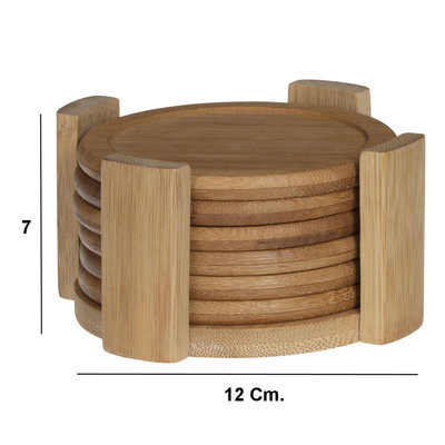 Decopatent Decopatent® 6 Delige Ronde Onderzetters Set - Bamboe - Incl Onderzetter Houder - Bamboo Hout - 6 Stuks onderzetters met houder