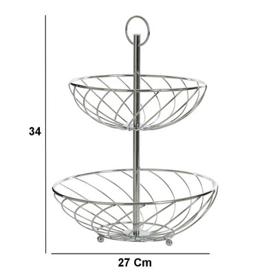 Decopatent Decopatent® Fruitschaal - 2 Laags Rond - Dubbele Fruitmand met Handvat - Ronde Design Fruitmand - Metaal - 27 x 27 x 34 - Zilver