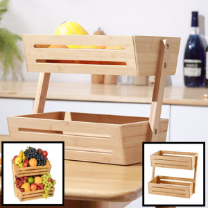 Decopatent Decopatent® 2 Laags Dubbele Fruitschaal - Bamboe hout - Staande Fruitmand etagere - Afm: 32 x 19.5 x 23 Cm.