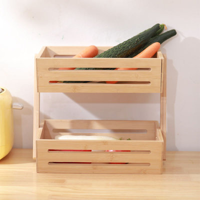 Decopatent Decopatent® 2 Laags Dubbele Fruitschaal - Bamboe hout - Staande Fruitmand etagere - Afm: 32 x 19.5 x 23 Cm.