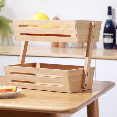 Decopatent Decopatent® 2 Laags Dubbele Fruitschaal - Bamboe hout - Staande Fruitmand etagere - Afm: 32 x 19.5 x 23 Cm.