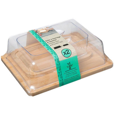 Decopatent Decopatent® 2 Delige Set - Kaasstolp - Kaasstolp kunststof deksel - Kaasplank met stolp - Rechthoekige kaasstolp - Bamboe - SET