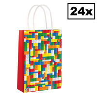 Henbrandt Decopatent® 24 STUKS Bouwstenen Traktatie Uitdeel papieren zakjes met handvat - Bricks Traktaitezakjes voor uitdeelcadeautjes