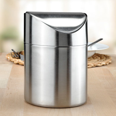 Decopatent Decopatent® Tafel Afvalemmer met kanteldeksel - Rond - Metaal - Keuken - Tafelafvalbakje - Tafel prullenbak 1 Liter - Ø12 x 16.5 Cm.