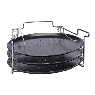 Decopatent Decopatent® Pizza Bak Set 4-Delig - 3x Pizzaplaten met 1 Pizzarek - Voor in Oven -  Pizza bakplaat rond 31 Cm - 3 Stuks Pizzaplaat + Oven Standaard