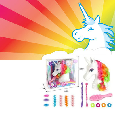 Decopatent Decopatent® Speelgoed Unicorn Kaphoofd - Sminkpop voor Kinderen - Pop - Eenhoorn - Schminkpop voor Meisjes - Opmaakpop / Kapkop met haar accessoires