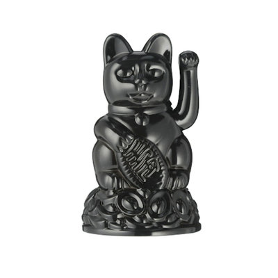 Decopatent Decopatent® Maneki Neko Lucky Cat - 12 Cm - Zwaaiende kat met bewegende arm - Japanse - Chinese gelukskat beeld - Geluksbrenger - ZWART