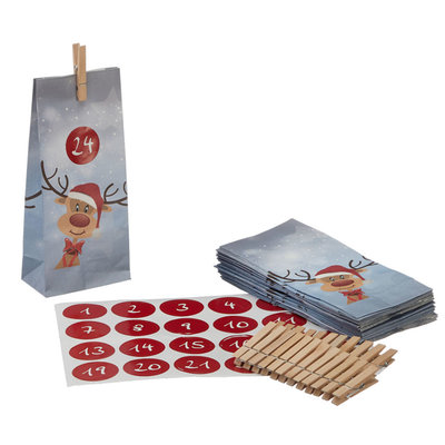 Decopatent Decopatent® Adventskalender Rendieren - 24 Kerst Zakjes & Stickers - Kerstmis Advent kalender - Papieren zakjes - Kerst Kado Verpakking