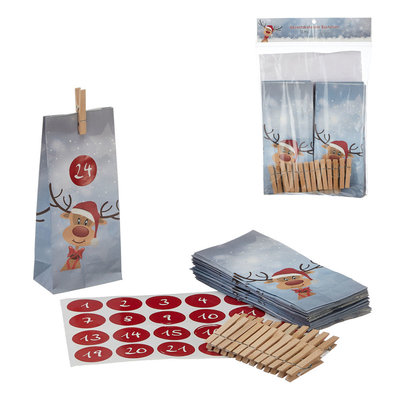 Decopatent Decopatent® Adventskalender Rendieren - 24 Kerst Zakjes & Stickers - Kerstmis Advent kalender - Papieren zakjes - Kerst Kado Verpakking