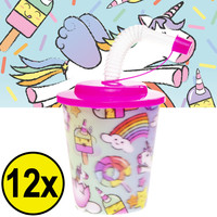 Decopatent Decopatent® 12 STUKS UNICORN / EENHOORN 3D Drink Beker met Rietje en Deksel - 250ML - Unicorns Plastic Bekers - Kinderfeestje - Kinderverjaardag Bekertjes - Traktatie - Uitdeelcadeaus