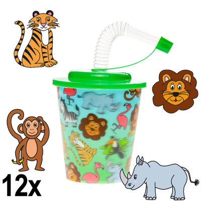 Decopatent Decopatent® 12 STUKS WILDE DIEREN 3D Drink Beker met Rietje en Deksel - 250ML - Jungle Plastic Bekers - Kinderfeestje - Kinderverjaardag Bekertjes - Traktatie - Uitdeelcadeaus