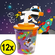 Decopatent Decopatent® 12 STUKS RUIMTE / SPACE 3D Drink Beker met Rietje en Deksel - 250ML - Ruimtevaart Plastic Bekers - Kinderfeestje - Kinderverjaardag Bekertjes - Traktatie - Uitdeelcadeaus