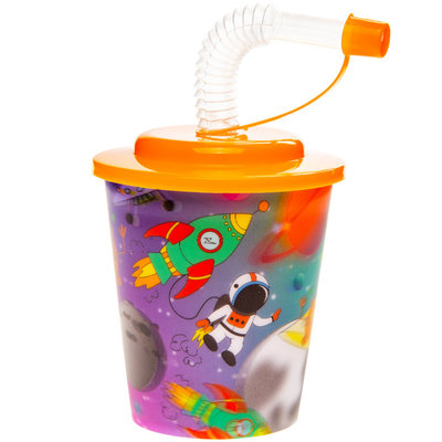 Decopatent Decopatent® 12 STUKS RUIMTE / SPACE 3D Drink Beker met Rietje en Deksel - 250ML - Ruimtevaart Plastic Bekers - Kinderfeestje - Kinderverjaardag Bekertjes - Traktatie - Uitdeelcadeaus