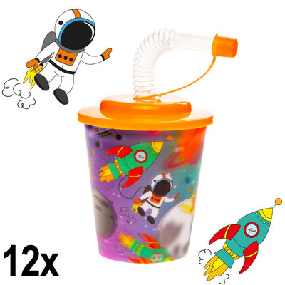 Decopatent Decopatent® 12 STUKS RUIMTE / SPACE 3D Drink Beker met Rietje en Deksel - 250ML - Ruimtevaart Plastic Bekers - Kinderfeestje - Kinderverjaardag Bekertjes - Traktatie - Uitdeelcadeaus