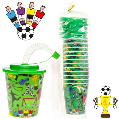 Decopatent Decopatent® 12 STUKS VOETBAL 3D Drink Beker met Rietje en Deksel - 250ML - Voetballers Plastic Bekers - Kinderfeestje - Kinderverjaardag Bekertjes - Traktatie - Uitdeelcadeaus