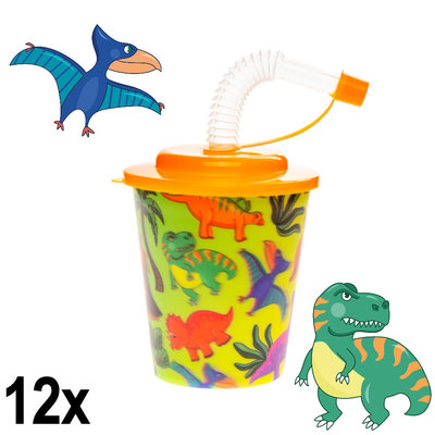 Decopatent Decopatent® 12 STUKS DINOSAURUS 3D Drink Beker met Rietje en Deksel - 250ML - Dino Plastic Bekers - Kinderfeestje - Kinderverjaardag Bekertjes - Traktatie - Uitdeelcadeaus