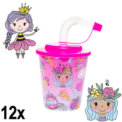 Decopatent Decopatent® 12 STUKS PRINSES 3D Drink Beker met Rietje en Deksel - 250ML - Prinsessen Plastic Bekers - Kinderfeestje - Kinderverjaardag Bekertjes - Traktatie - Uitdeelcadeaus