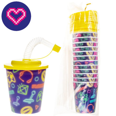 Decopatent Decopatent® 12 STUKS GAMER 3D Drink Beker met Rietje en Deksel - 250ML - Gamers Plastic Bekers - Kinderfeestje - Kinderverjaardag Bekertjes - Traktatie - Uitdeelcadeaus