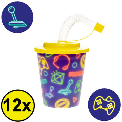 Decopatent Decopatent® 12 STUKS GAMER 3D Drink Beker met Rietje en Deksel - 250ML - Gamers Plastic Bekers - Kinderfeestje - Kinderverjaardag Bekertjes - Traktatie - Uitdeelcadeaus