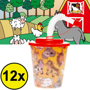 Decopatent Decopatent® 12 STUKS BOERDERIJ DIEREN 3D Drink Beker met Rietje en Deksel - 250ML - Boerderij Plastic Bekers - Kinderfeestje - Kinderverjaardag Bekertjes - Traktatie - Uitdeelcadeaus