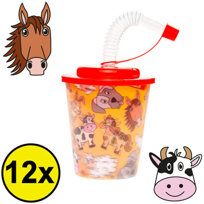 Decopatent Decopatent® 12 STUKS BOERDERIJ DIEREN 3D Drink Beker met Rietje en Deksel - 250ML - Boerderij Plastic Bekers - Kinderfeestje - Kinderverjaardag Bekertjes - Traktatie - Uitdeelcadeaus