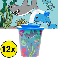 Decopatent Decopatent® 12 STUKS ZEEDIEREN 3D Drink Beker met Rietje en Deksel - 250ML - Sea Life Plastic Bekers - Kinderfeestje - Kinderverjaardag Bekertjes - Traktatie - Uitdeelcadeaus