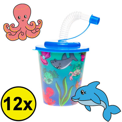 Decopatent Decopatent® 12 STUKS ZEEDIEREN 3D Drink Beker met Rietje en Deksel - 250ML - Sea Life Plastic Bekers - Kinderfeestje - Kinderverjaardag Bekertjes - Traktatie - Uitdeelcadeaus