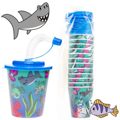 Decopatent Decopatent® 12 STUKS ZEEDIEREN 3D Drink Beker met Rietje en Deksel - 250ML - Sea Life Plastic Bekers - Kinderfeestje - Kinderverjaardag Bekertjes - Traktatie - Uitdeelcadeaus