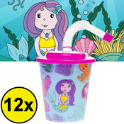 Decopatent Decopatent® 12 STUKS ZEEMEERMIN 3D Drink Beker met Rietje en Deksel - 250ML - Mermaid Plastic Bekers - Kinderfeestje - Kinderverjaardag Bekertjes - Traktatie - Uitdeelcadeaus