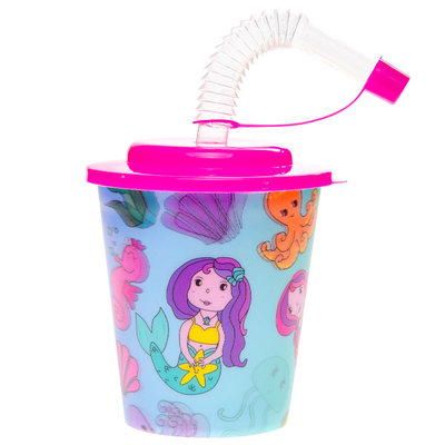 Decopatent Decopatent® 12 STUKS ZEEMEERMIN 3D Drink Beker met Rietje en Deksel - 250ML - Mermaid Plastic Bekers - Kinderfeestje - Kinderverjaardag Bekertjes - Traktatie - Uitdeelcadeaus