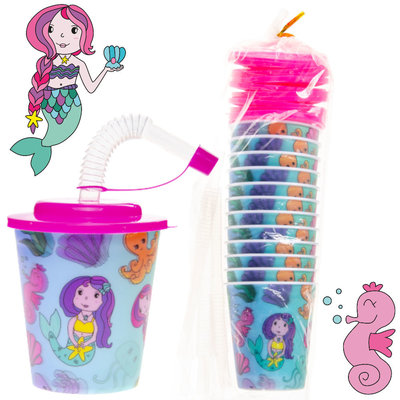 Decopatent Decopatent® 12 STUKS ZEEMEERMIN 3D Drink Beker met Rietje en Deksel - 250ML - Mermaid Plastic Bekers - Kinderfeestje - Kinderverjaardag Bekertjes - Traktatie - Uitdeelcadeaus