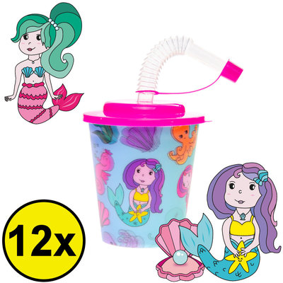 Decopatent Decopatent® 12 STUKS ZEEMEERMIN 3D Drink Beker met Rietje en Deksel - 250ML - Mermaid Plastic Bekers - Kinderfeestje - Kinderverjaardag Bekertjes - Traktatie - Uitdeelcadeaus