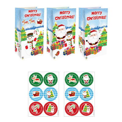 Henbrandt Decopatent® 12 STUKS Traktatie Uitdeel papieren zakjes - Inclusief Stickers - KERST - Merry Christmas - Tasjes - Traktatiezakjes voor uitdeelcadeautjes - Kinderfeestje - 13x8x25 Cm