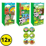 Henbrandt Decopatent® 12 STUKS Traktatie Uitdeel papieren zakjes - Inclusief Stickers - BOERDERIJ DIEREN - Farm - Tasjes - Traktatiezakjes voor uitdeelcadeautjes - Kinderfeestje - 13x8x25 Cm