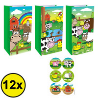 Henbrandt Decopatent® 12 STUKS Traktatie Uitdeel papieren zakjes - Inclusief Stickers - BOERDERIJ DIEREN - Farm - Tasjes - Traktatiezakjes voor uitdeelcadeautjes - Kinderfeestje - 13x8x25 Cm