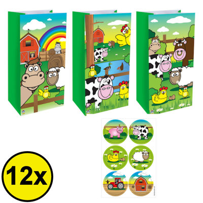 Henbrandt Decopatent® 12 STUKS Traktatie Uitdeel papieren zakjes - Inclusief Stickers - BOERDERIJ DIEREN - Farm - Tasjes - Traktatiezakjes voor uitdeelcadeautjes - Kinderfeestje - 13x8x25 Cm