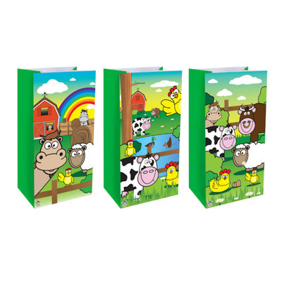 Henbrandt Decopatent® 12 STUKS Traktatie Uitdeel papieren zakjes - Inclusief Stickers - BOERDERIJ DIEREN - Farm - Tasjes - Traktatiezakjes voor uitdeelcadeautjes - Kinderfeestje - 13x8x25 Cm