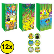 Henbrandt Decopatent® 12 STUKS Traktatie Uitdeel papieren zakjes - Inclusief Stickers - JUNGLE DIEREN - Oerwoud - Tasjes - Traktatiezakjes voor uitdeelcadeautjes - Kinderfeestje - 13x8x25 Cm