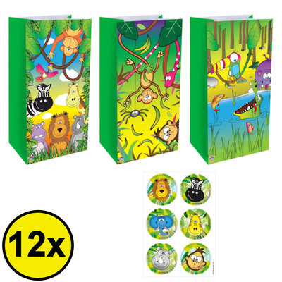 Henbrandt Decopatent® 12 STUKS Traktatie Uitdeel papieren zakjes - Inclusief Stickers - JUNGLE DIEREN - Oerwoud - Tasjes - Traktatiezakjes voor uitdeelcadeautjes - Kinderfeestje - 13x8x25 Cm