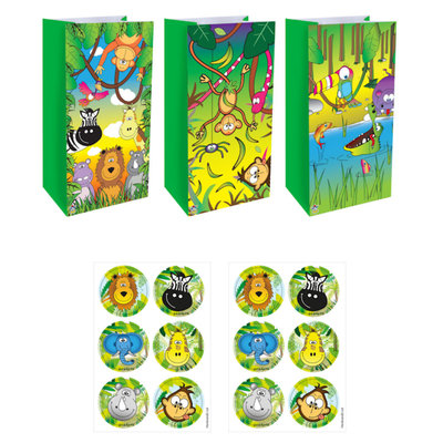 Henbrandt Decopatent® 12 STUKS Traktatie Uitdeel papieren zakjes - Inclusief Stickers - JUNGLE DIEREN - Oerwoud - Tasjes - Traktatiezakjes voor uitdeelcadeautjes - Kinderfeestje - 13x8x25 Cm