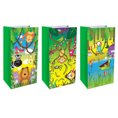 Henbrandt Decopatent® 12 STUKS Traktatie Uitdeel papieren zakjes - Inclusief Stickers - JUNGLE DIEREN - Oerwoud - Tasjes - Traktatiezakjes voor uitdeelcadeautjes - Kinderfeestje - 13x8x25 Cm